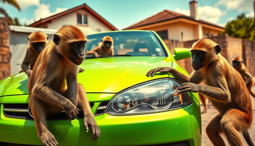 Baboons climbing on a green car in Cape Town for baboon management.