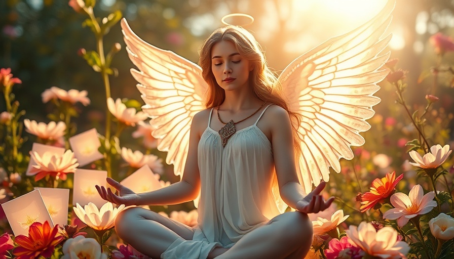 Ethereal angel with angel cards in a mystical garden, highlighting mental health benefits.