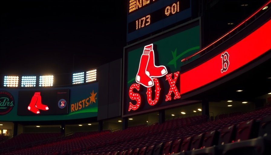 Illuminated Red Sox sign at Boston baseball stadium.