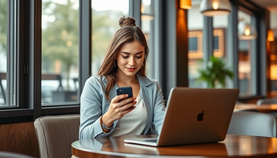 Young woman in cafe reviewing content on phone.