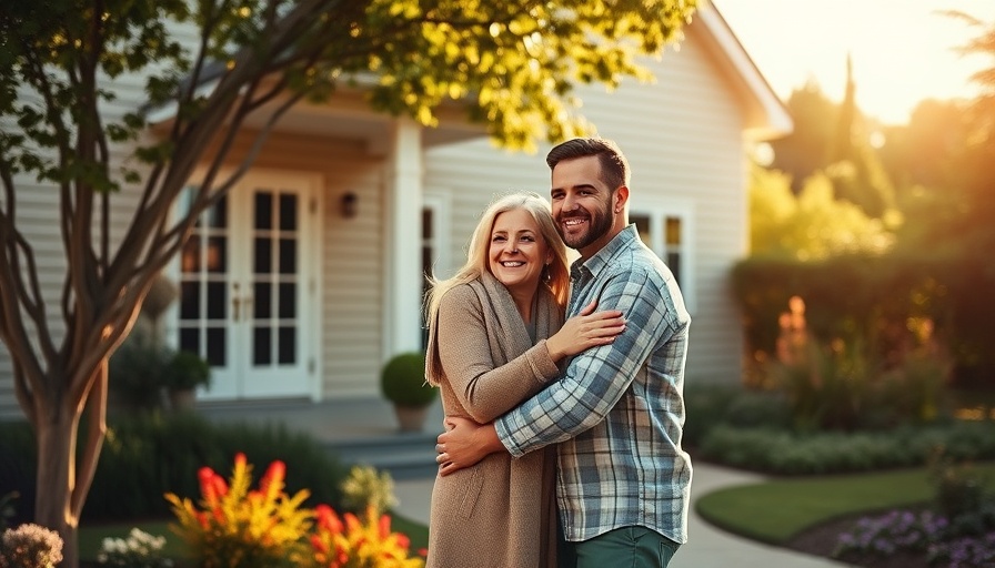 Couple embracing in front of new house, credit confidence for homeownership in South Africa.