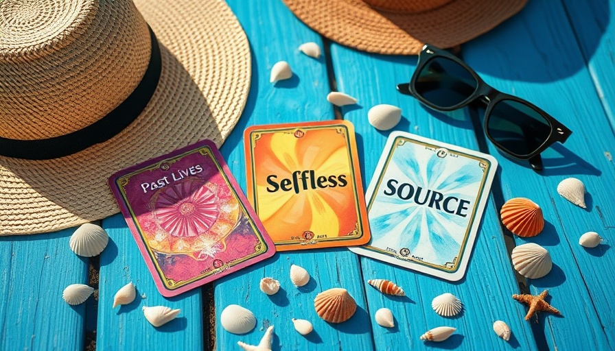 Holistic healing oracle cards on blue beach background with shells.