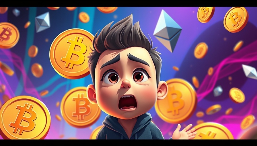 Cryptocurrency coins and animated character illustrating market trends.