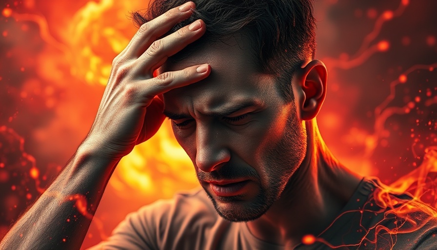 Artistic depiction of intense headache with flames and nerves, symbolizing pain.