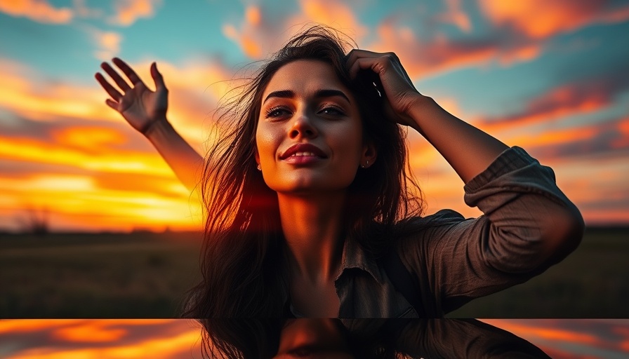 Dual-exposure woman depicting mood and mental health against sunset.