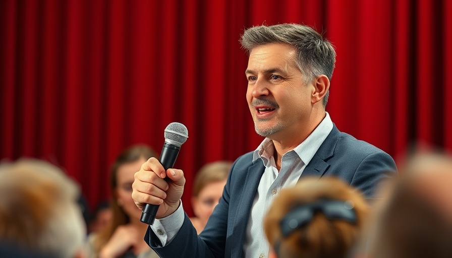Energetic speaker holding microphone, expressing enthusiasm. Are You Everywhere?