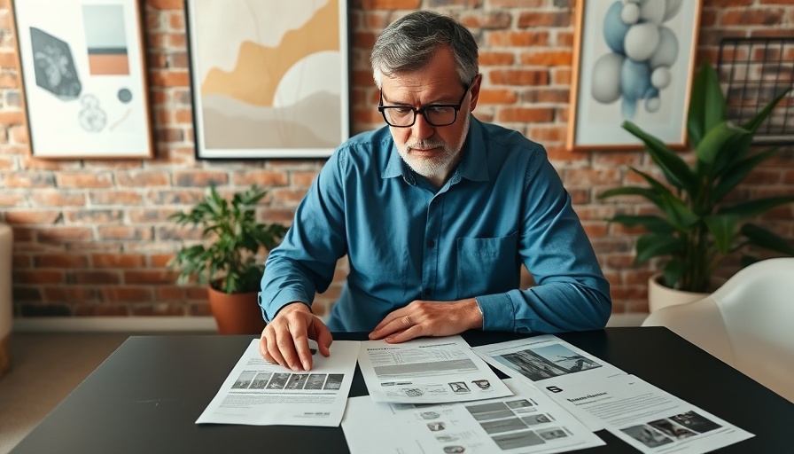 ROI of Branding: Businessman analyzes brand materials in brick office.