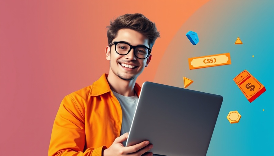 Stylish young professional with laptop and HVAC tools graphic.
