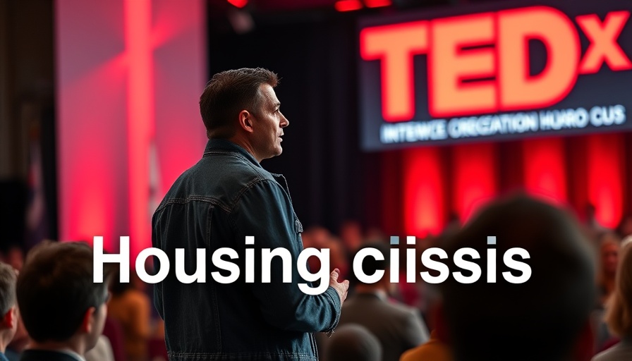 Speaker at TEDx discusses housing crisis in denim jacket.