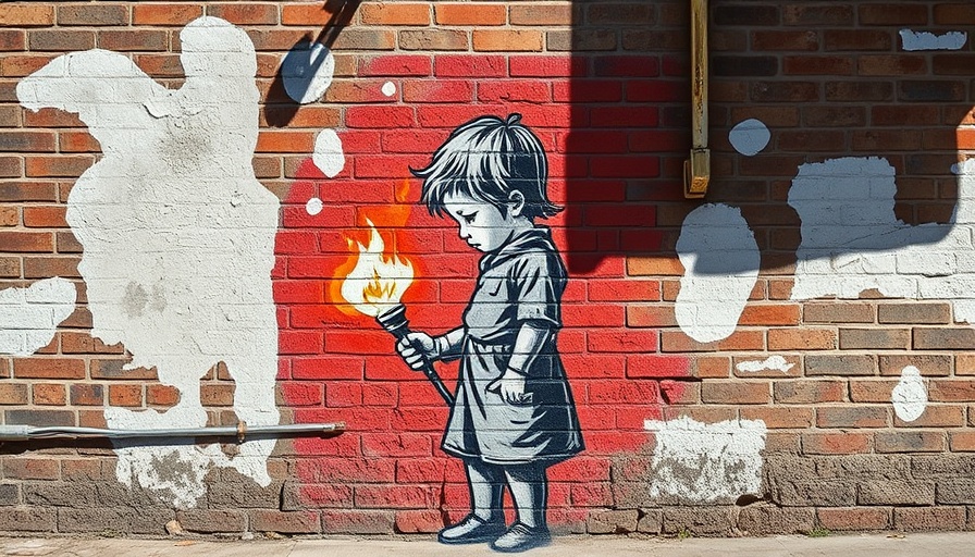 Banksy Migrant Child mural partially hidden by a barrier, street art.