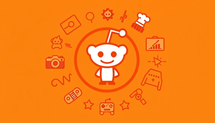 Bright orange-themed reddit logo design with playful icons