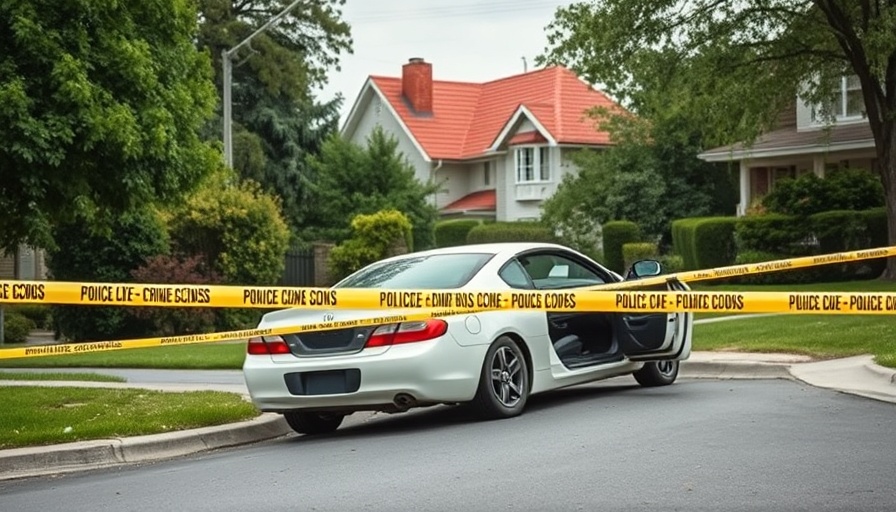 Crime scene in suburban area with white car and police tape.