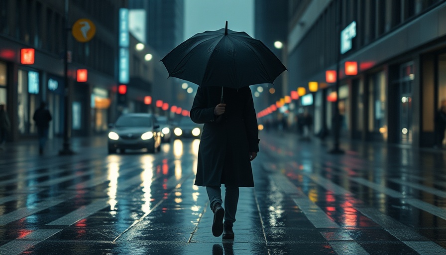 Person with umbrella walking in rainy city, reflecting anxiety.