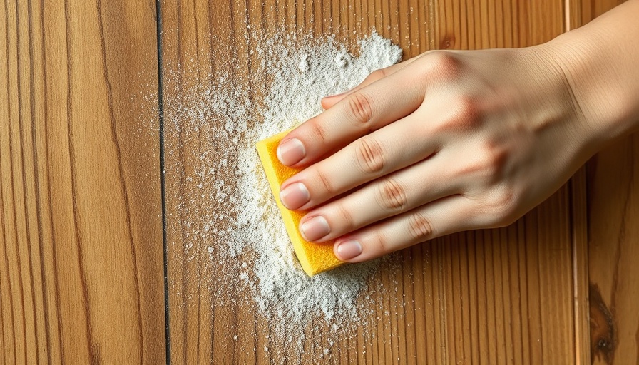 Hand using yellow sponge for dust suppression solutions on wooden surface.