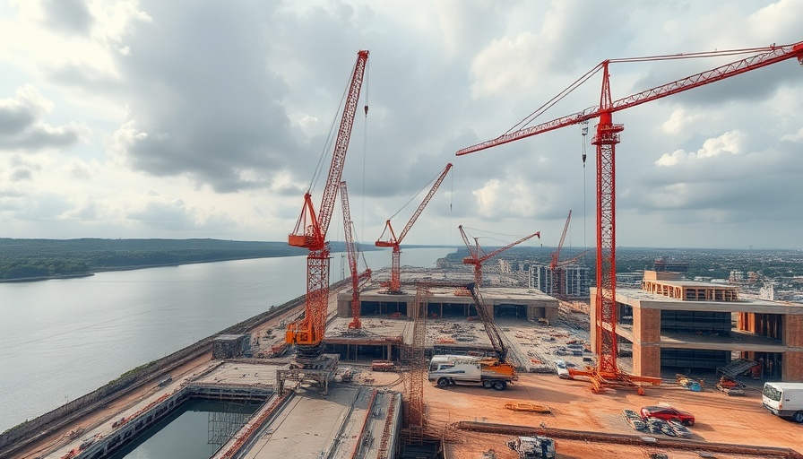 Simandou megaproject in Guinea: construction site with cranes and river.