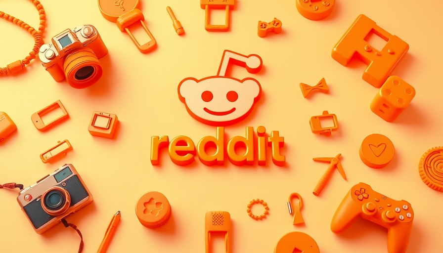 Reddit logo surrounded by orange 3D icons, modern design.