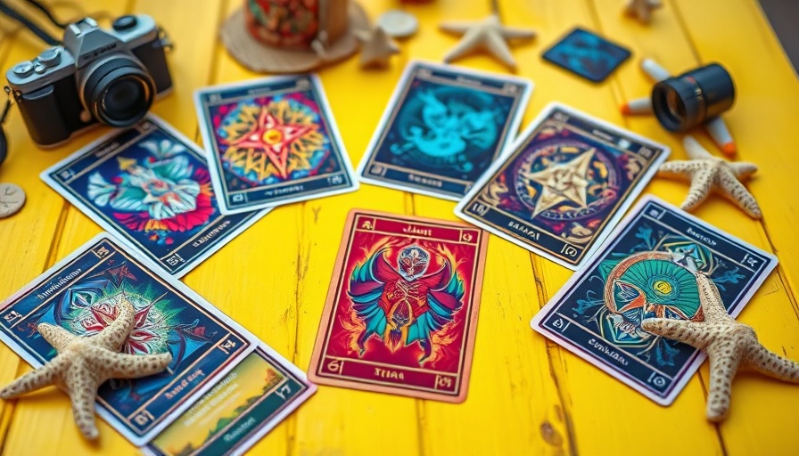 Oracle card readings for parents, vibrant mystical setup with beach theme.