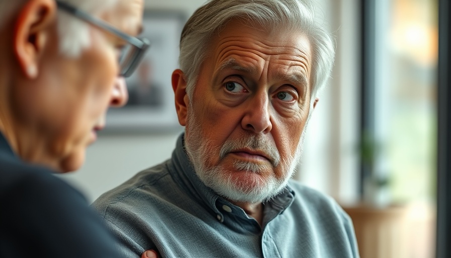 Concerned elderly man supported by another during a discussion about cancer treatment advancements for Multiple Myeloma.