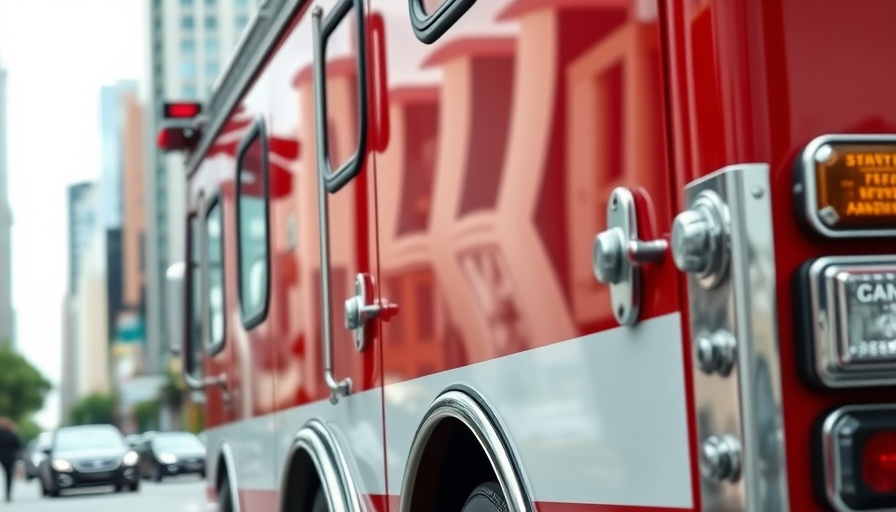 Fire truck in urban area emphasizing water safety awareness.