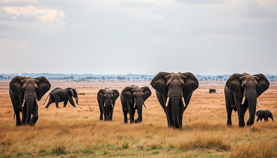 Elephants walking in savannah under overcast sky.