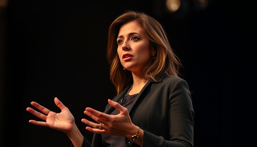 Confident woman presenting on stage with authority.