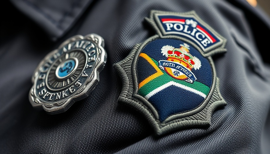 South African Police Service badge on uniform, detail view.