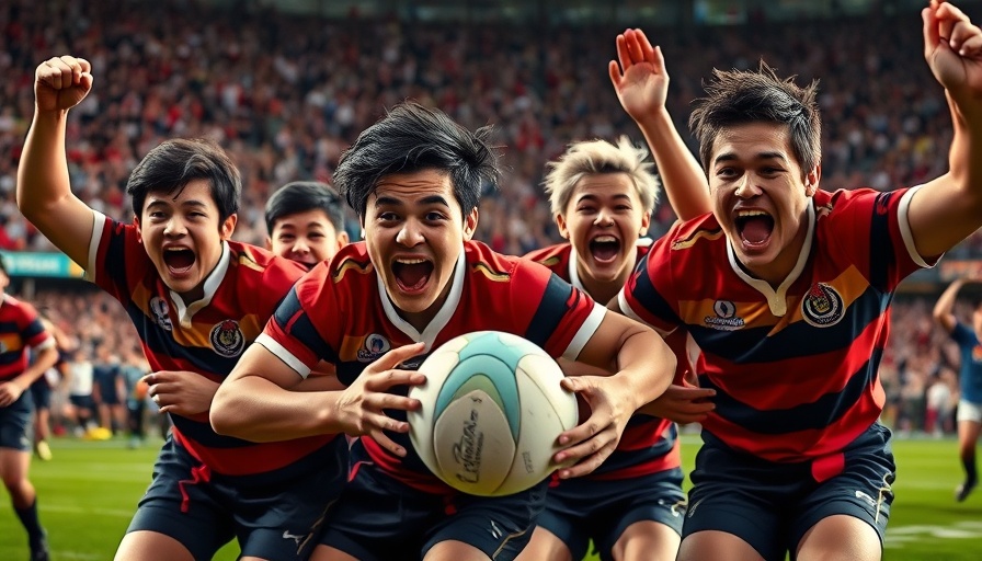 Thrilling rugby school match action with celebrating players.