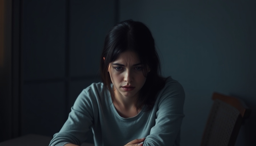 Young woman experiencing anxiety in a dimly lit room.