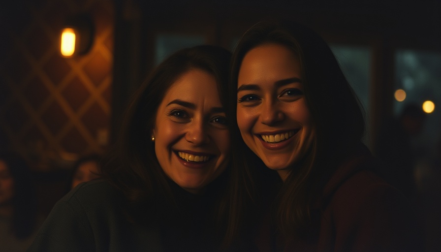 Grainy photo of two people smiling together indoors.