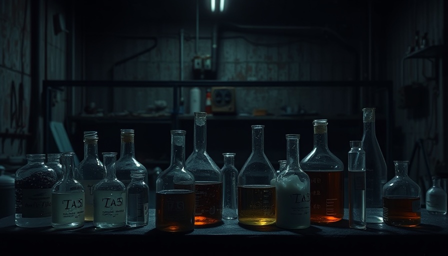 Addiction treatment concept with gritty lab scene, glassware, dim lighting.