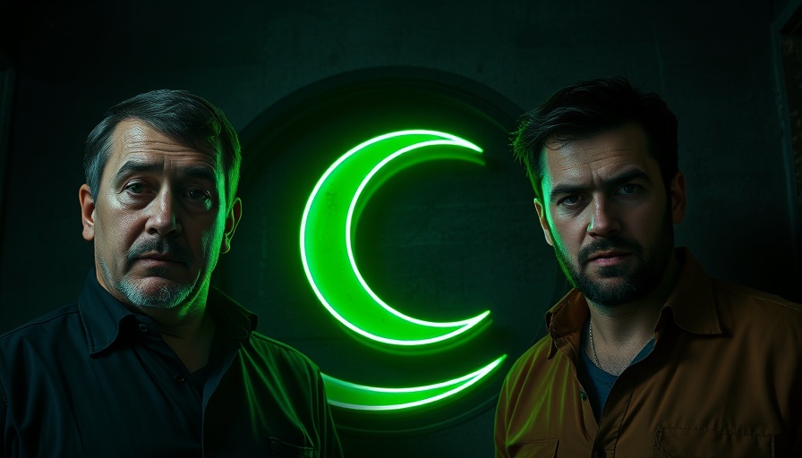 Two men with a green moon logo, The Moon theme.