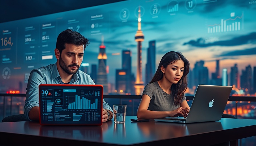 Futuristic tech relationship illustration with man and woman on laptops.
