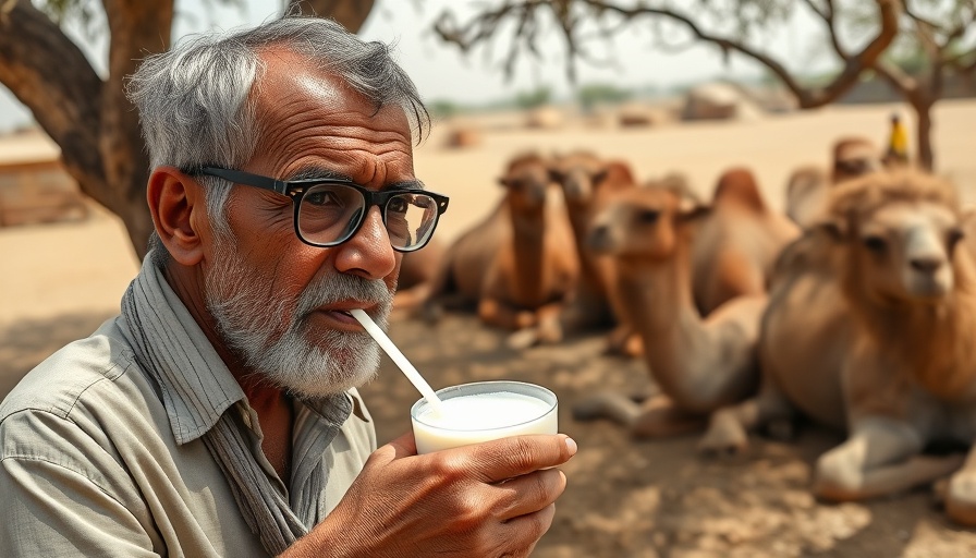 Man enjoys fresh camel milk in traditional Somali setting.