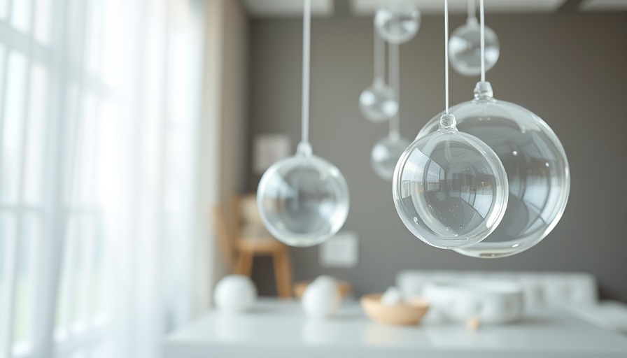 Contemporary art installation with glass orbs suspended in space.
