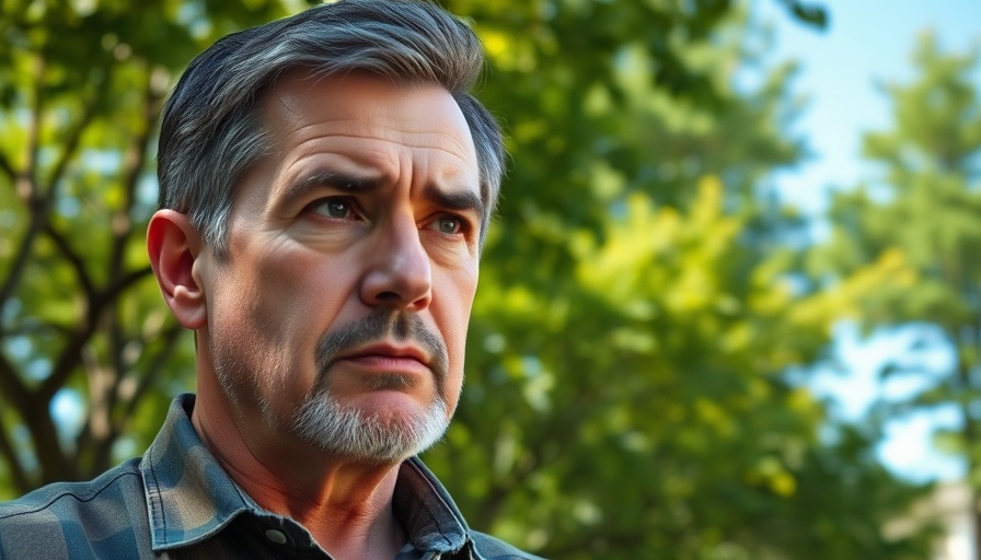 Middle-aged man outdoors thinking deeply, nature background.