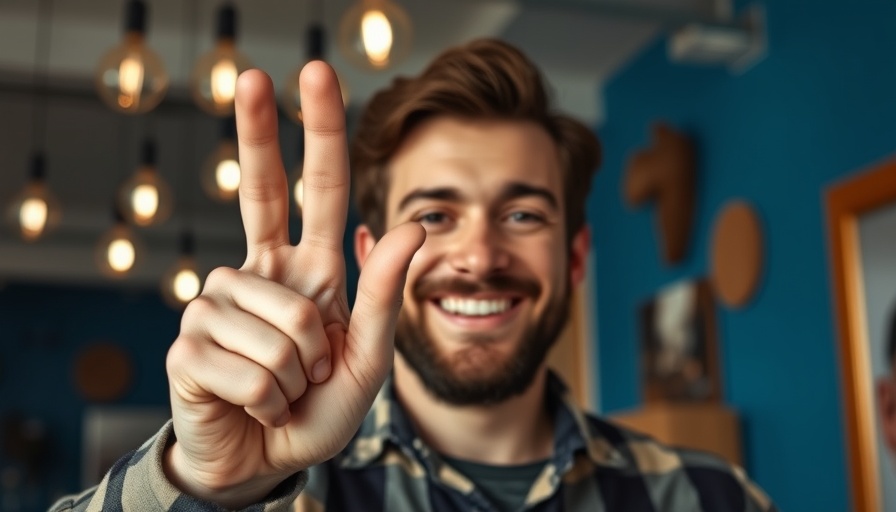 Cheerful man demonstrating OCD treatment example indoors.