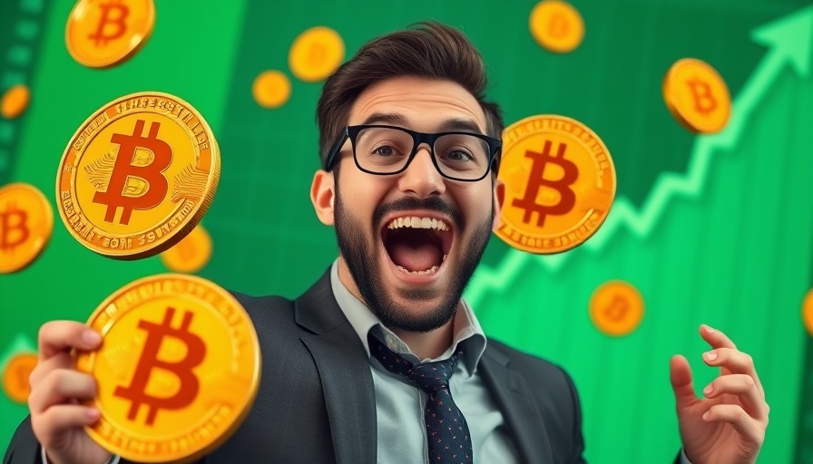 Excited businessman celebrating Bitcoin surge with green chart background.
