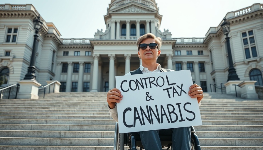 Person advocating cannabis reform holds sign outside government building, addiction treatment topic.
