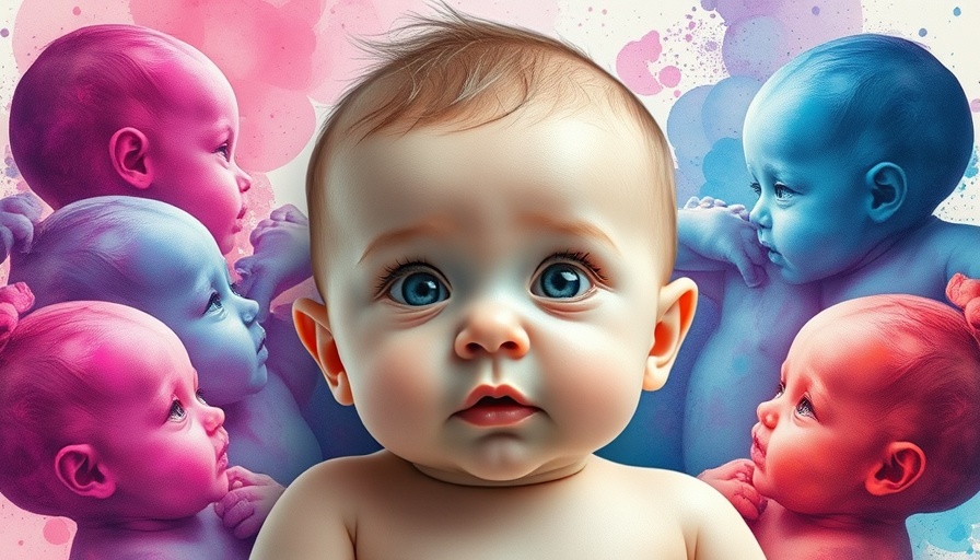 Abstract depiction of gene editing concept with babies, vibrant colors.