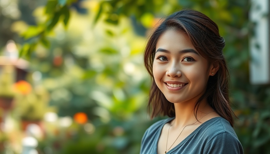 Confident woman smiling in garden setting, entrepreneurship