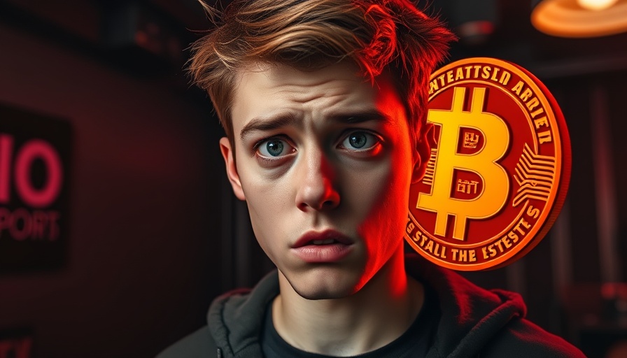 Concerned man's reaction to Bitcoin price drop, bold text.