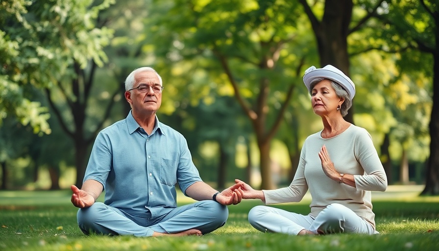 Elderly couple meditating in a park for stress management and stroke prevention