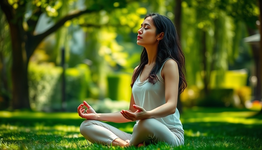 Meditation and Stress Reduction: Woman meditating in serene park.