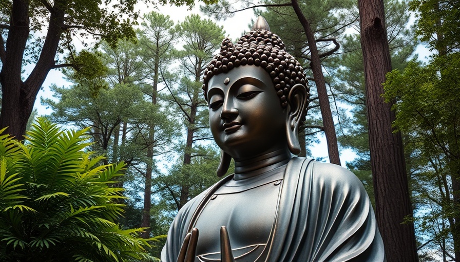 Serene bronze Buddha statue amid lush greenery.