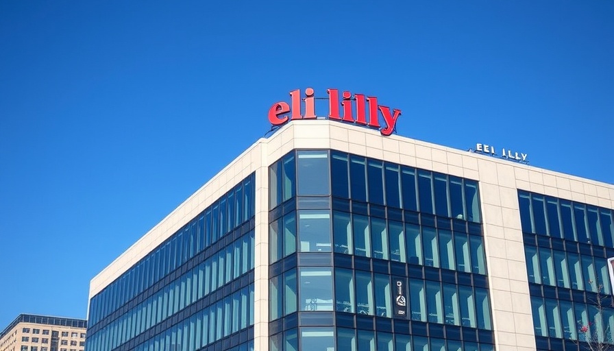 Eli Lilly corporate building with clear blue sky backdrop.