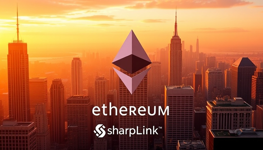 SharpLink branding with Ethereum logo over city skyline, digital art
