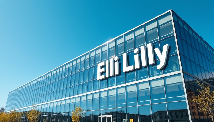 Eli Lilly headquarters with modern glass facade under blue sky.