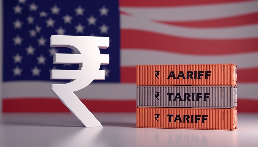 Illustration of U.S. 25% tariff on Indian goods with containers and rupee symbol.