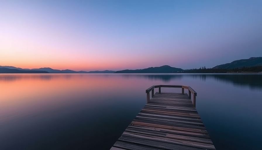 Serene twilight lake with a wooden pier, calm setting.