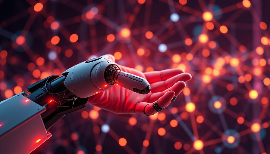 Robotic hand interacting with data streams, symbolizing AI in digital marketing.